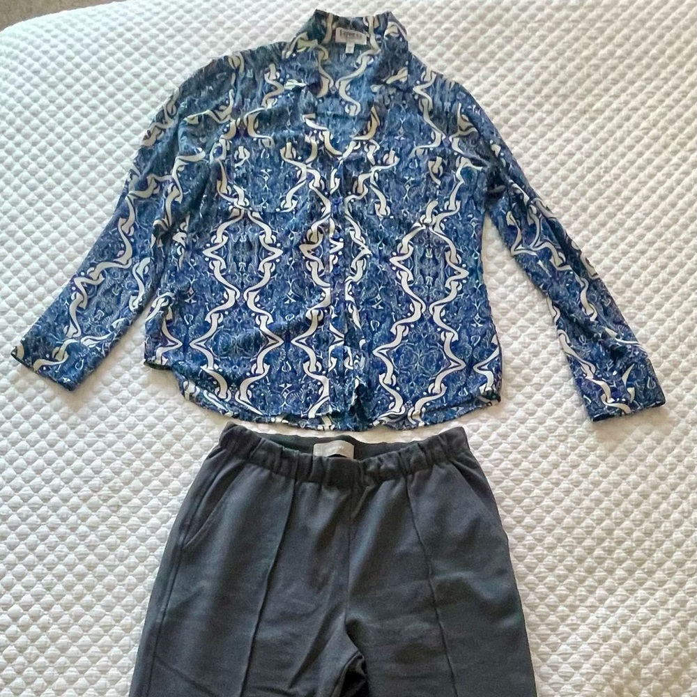 Everlane cropped dream pants and Express blouse, sizes are small